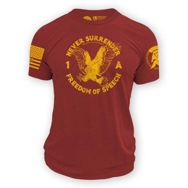 Never Surrender 1A Freedom of Speech Tee Shirt Mockup from Relentless Defender Apparel.