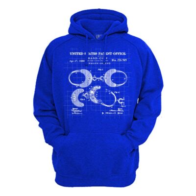 US Patent Office Handcuffs Schematic Art on Blue Hoodie | From Relentless Defender
