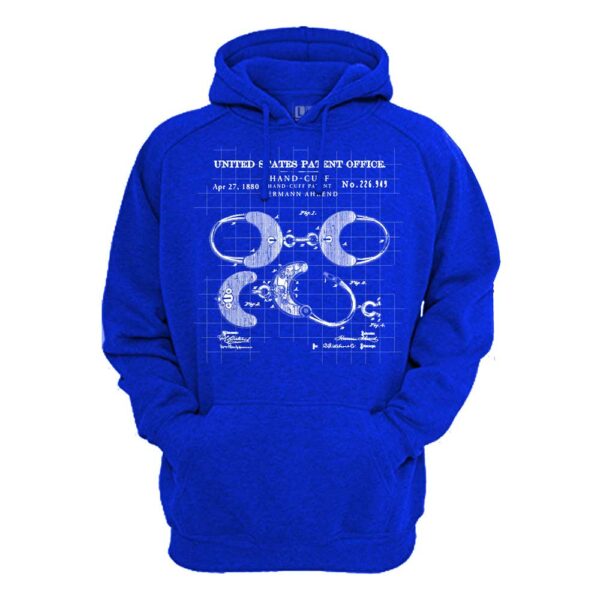 US Patent Office Handcuffs Schematic Art on Blue Hoodie | From Relentless Defender