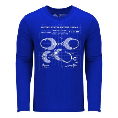 US Patent Office Handcuffs Schematic Art on Blue Long Sleeve Shirt | From Relentless Defender