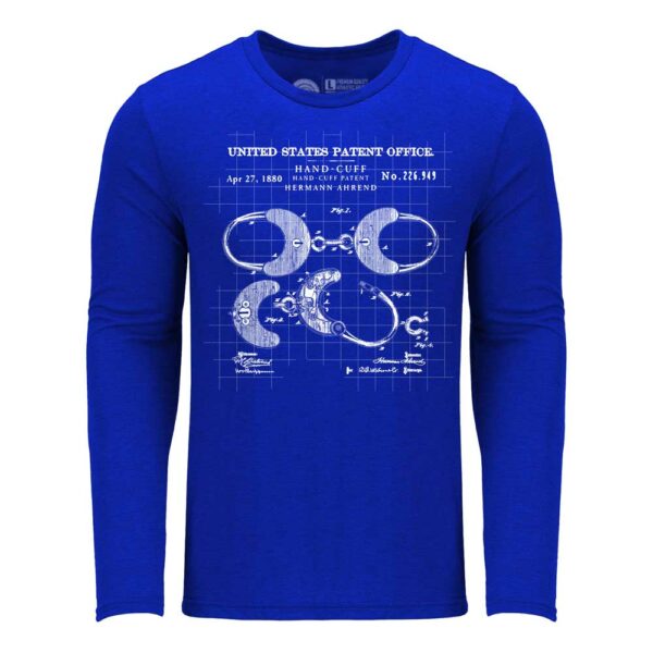 US Patent Office Handcuffs Schematic Art on Blue Long Sleeve Shirt | From Relentless Defender