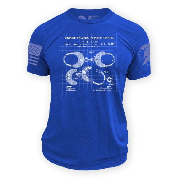 US Patent Office Handcuffs Schematic Art on Blue T-Shirt | From Relentless Defender