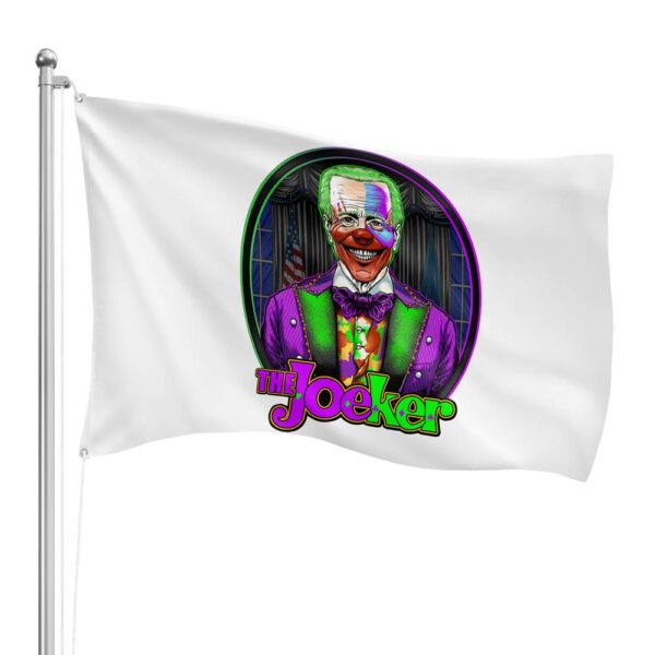 JoeKer Flag Mockup showing Joe Biden Clown Joker Art Design on a White Flag | from Relentless Defender Apparel