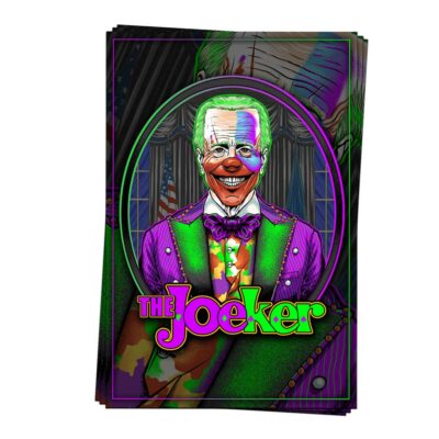 JoeKer Poster Mockup showing Joe Biden Clown Joker Art Design on a Printed Poster with a brick background | from Relentless Defender Apparel