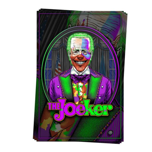 JoeKer Poster Mockup showing Joe Biden Clown Joker Art Design on a Printed Poster with a brick background | from Relentless Defender Apparel