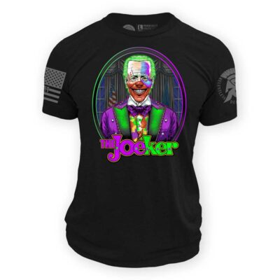 JoeKer Tee Shirt Mockup showing Joe Biden Clown Joker Art Design on a Black Tee Shirt | from Relentless Defender Apparel