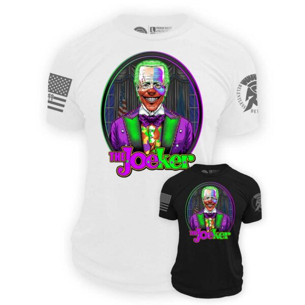 JoeKer Tee Shirt Mockup showing Joe Biden Clown Joker Art Design on a Black and White Tee Shirt | from Relentless Defender Apparel