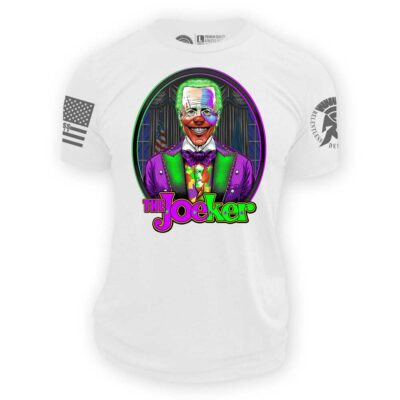 JoeKer Tee Shirt Mockup showing Joe Biden Clown Joker Art Design on a White Tee Shirt | from Relentless Defender Apparel