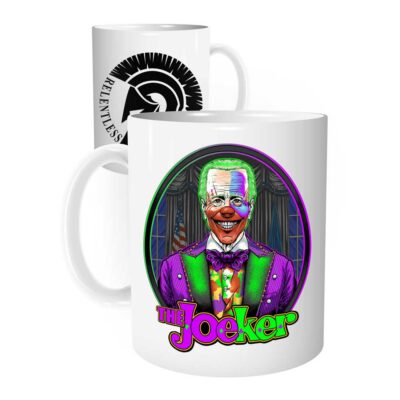 JoeKer Mug Mockup showing Joe Biden Clown Joker Art Design on a White Ceramic Coffee Mug | from Relentless Defender Apparel