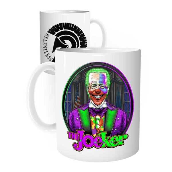 JoeKer Mug Mockup showing Joe Biden Clown Joker Art Design on a White Ceramic Coffee Mug | from Relentless Defender Apparel