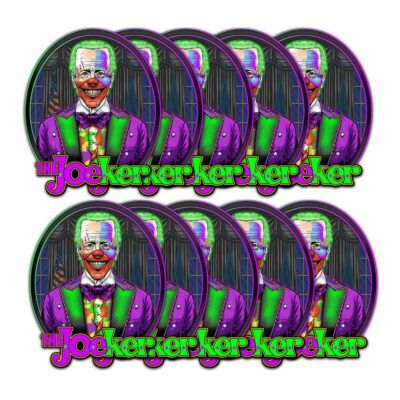 JoeKer Decal Mockup showing Joe Biden Clown Joker Art Design on a High Quality Vinyl Decal in 10 pack | from Relentless Defender Apparel