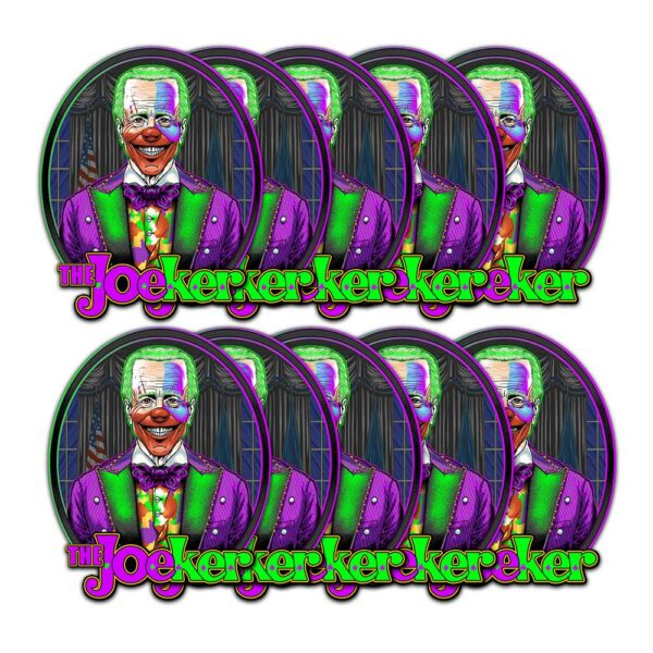JoeKer Decal Mockup showing Joe Biden Clown Joker Art Design on a High Quality Vinyl Decal in 10 pack | from Relentless Defender Apparel