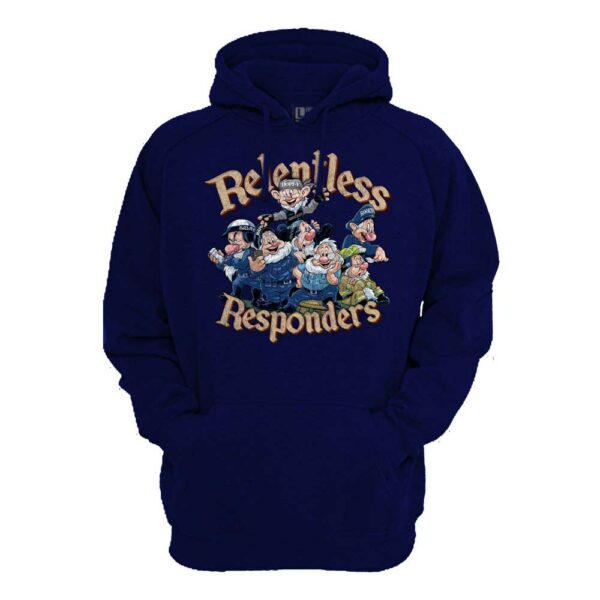 Relentless Responders custom art featuring the Seven Dwarves as First Responders on a navy blue Hoodie mockup | Relentless Defender Apparel