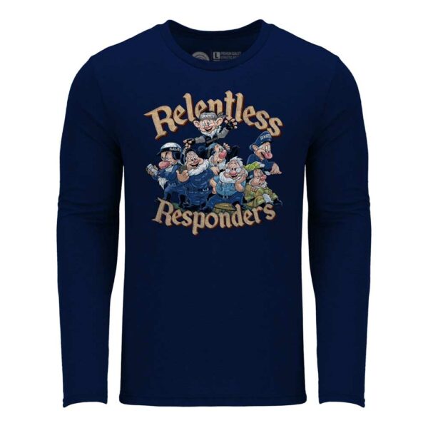 Relentless Responders custom art featuring the Seven Dwarves as First Responders on a navy blue Long Sleeve shirt mockup | Relentless Defender Apparel