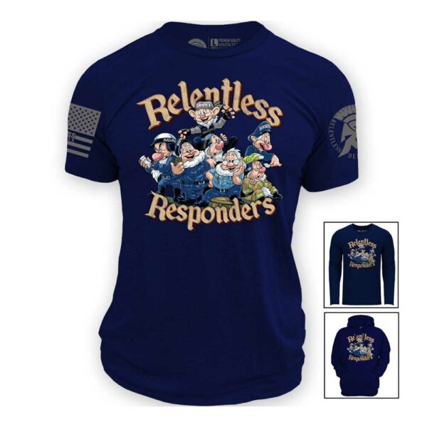 Relentless Responders custom art featuring the Seven Dwarves as First Responders on a navy blue tee shirt mockup | Relentless Defender Apparel
