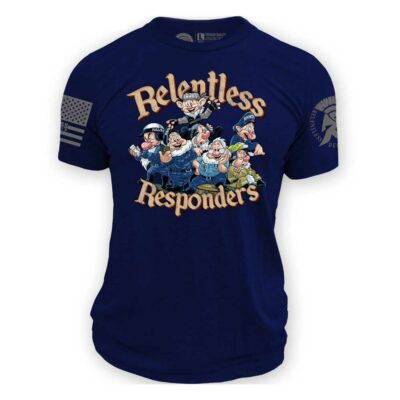 Relentless Responders custom art featuring the Seven Dwarves as First Responders on a navy blue tee shirt mockup | Relentless Defender Apparel