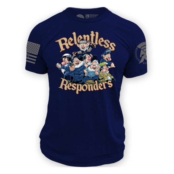 Relentless Responders custom art featuring the Seven Dwarves as First Responders on a navy blue tee shirt mockup | Relentless Defender Apparel
